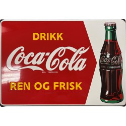 Coca Cola Emailleschild Drikk Ren Og Frisk 60x40cm - mit Ohren mit gebogene Kanten