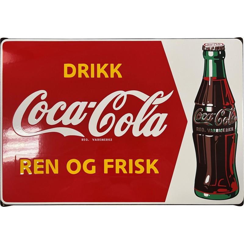 Coca Cola Emailleschild Drikk Ren Og Frisk 60x40cm - mit Ohren mit gebogene Kanten Coca Cola Emailleschild Drikk Ren Og Frisk 60x40cm - mit Ohren mit gebogene Kanten