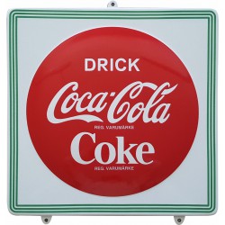 Coca Cola Button Emailleschild Drick Coke Schwedisch svenska 45x45cm mit gebogene Kanten - Emaille Kopien und Repliken